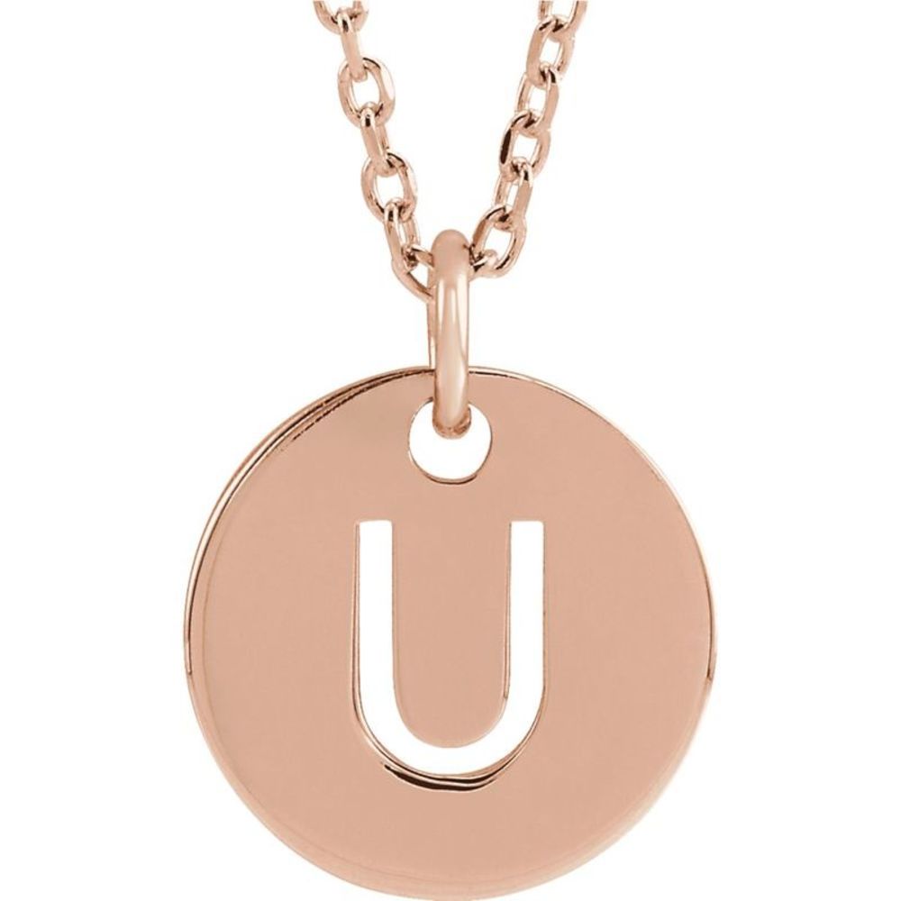 14k Rose Gold Initial U, Small 10mm Pierced Disc Necklace, 16-18 Inch